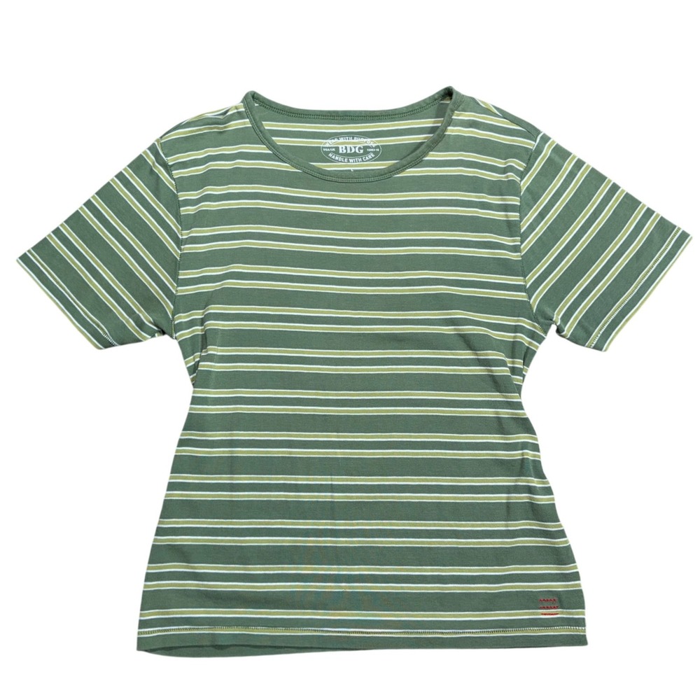 Single Stitch Green Striped Short Sleeve Crew Neck T-Shirt Large